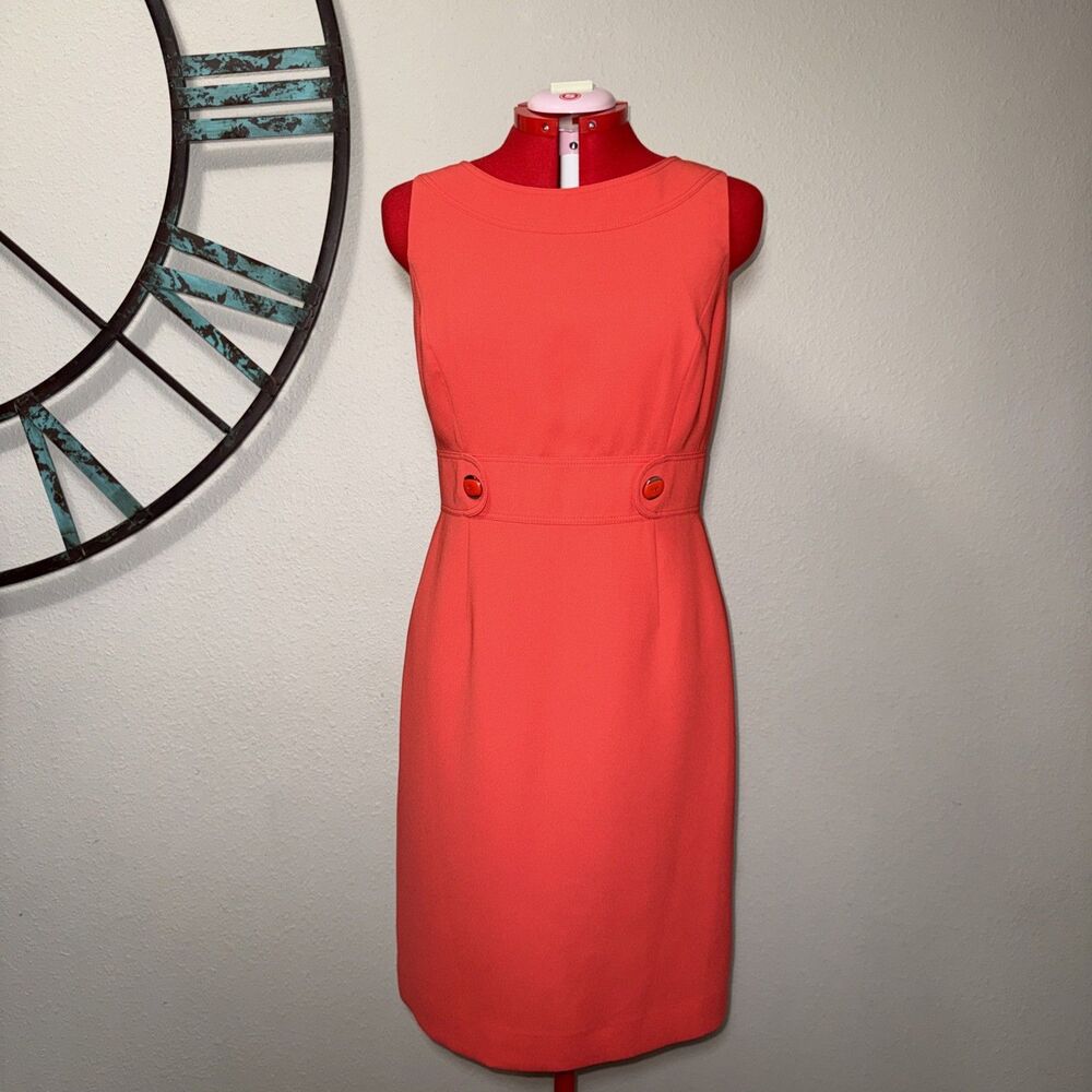 Tahari ASL Dress 8 Red Orange Sleeveless Lined Sheath Button Accents EUC